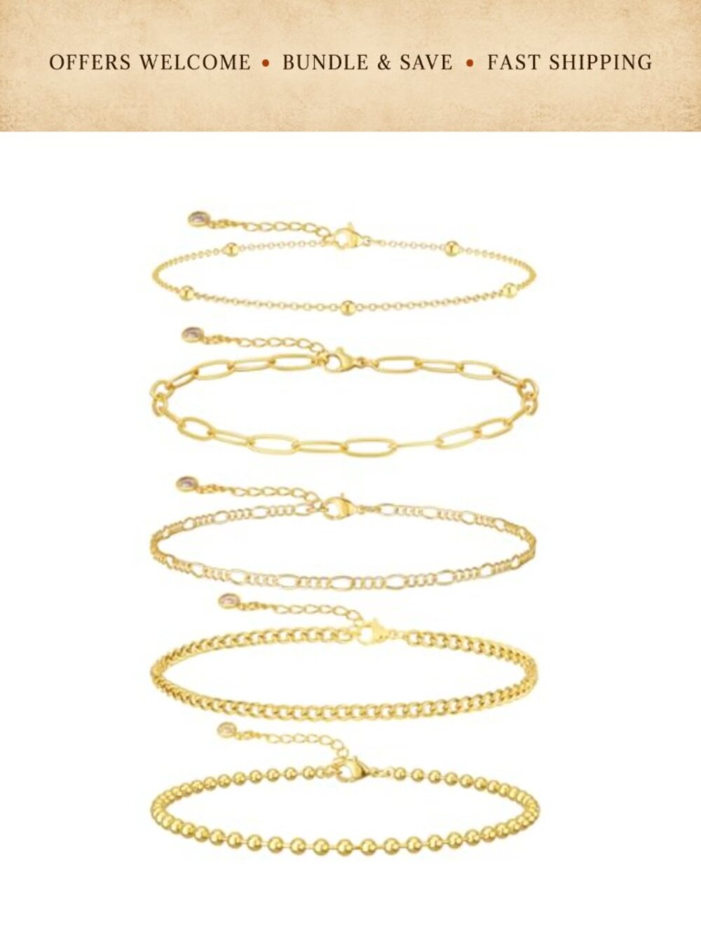14k Gold Plated Stackable Bracelet Set Adjustable Chain for Women